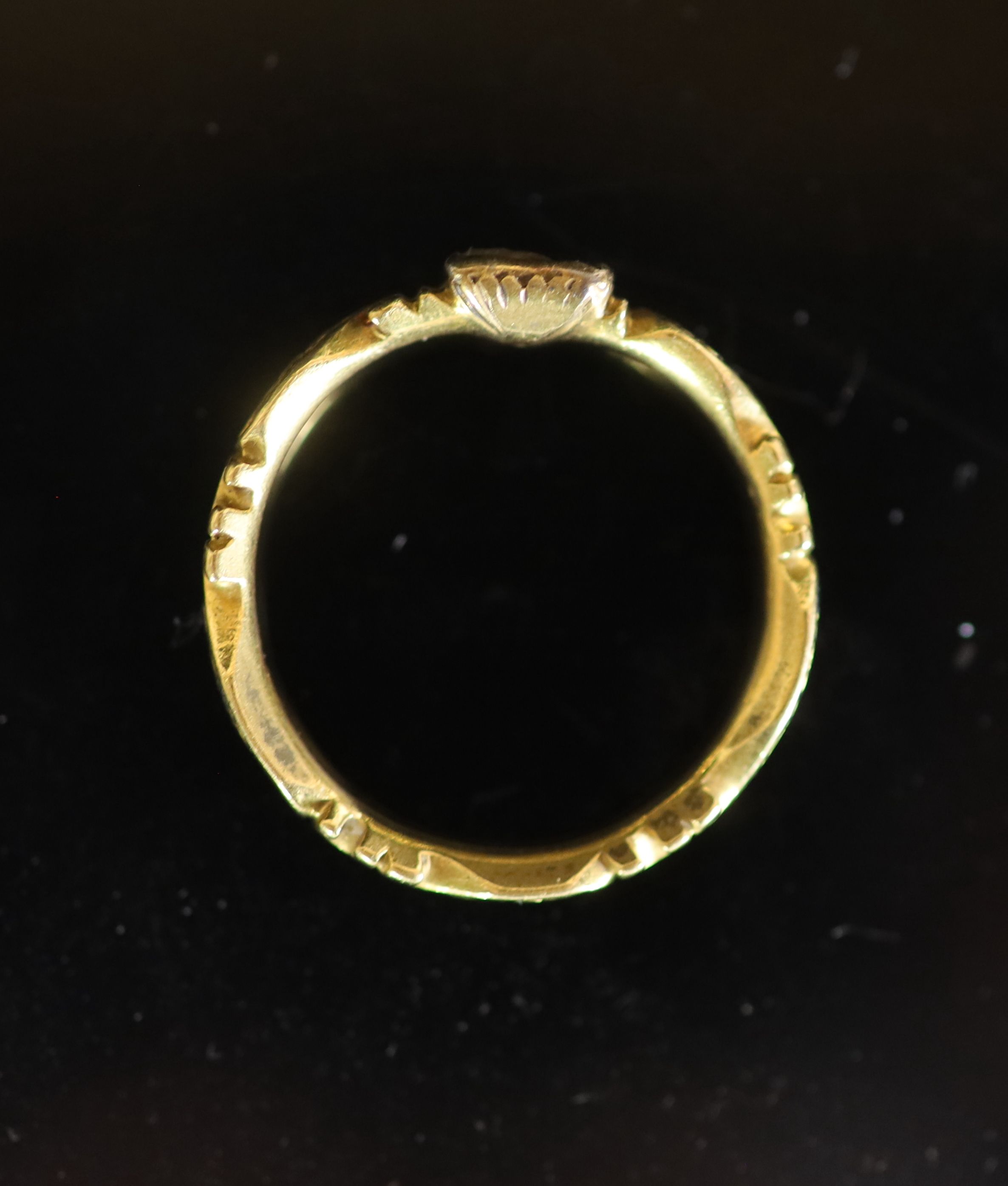 An early George II gold, black enamel and rock crystal? set mourning ring(a.f.)